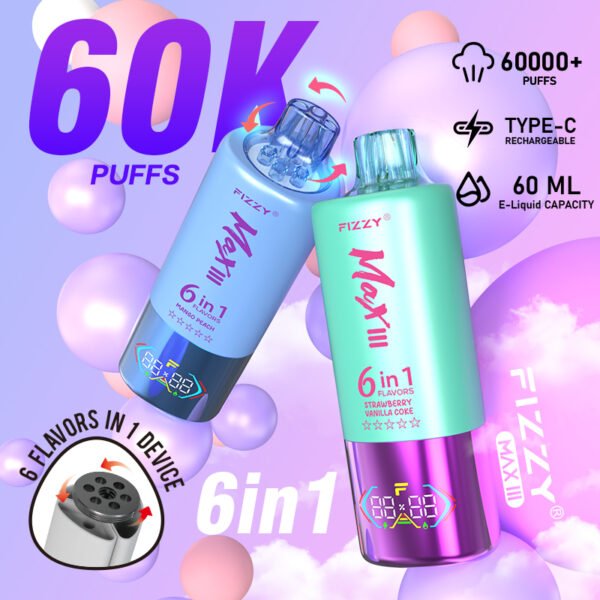 Fizzy Max III 6in1 60K 60000 Puffs Rechargeable Disposable Vape Flavors Wholesale